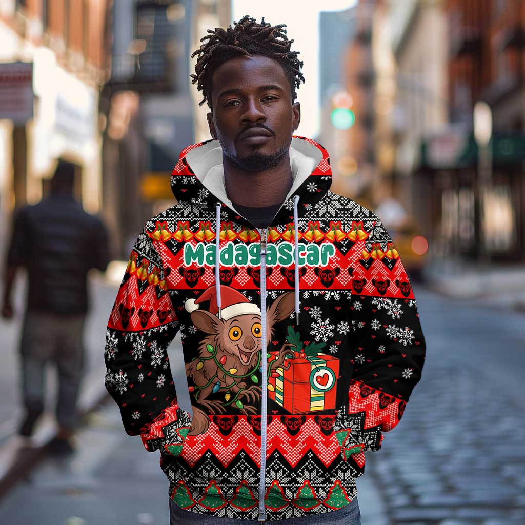 Madagascar Christmas Zip Hoodie Aye Aye Lemur Santa Hat Holiday Lights - African Pride