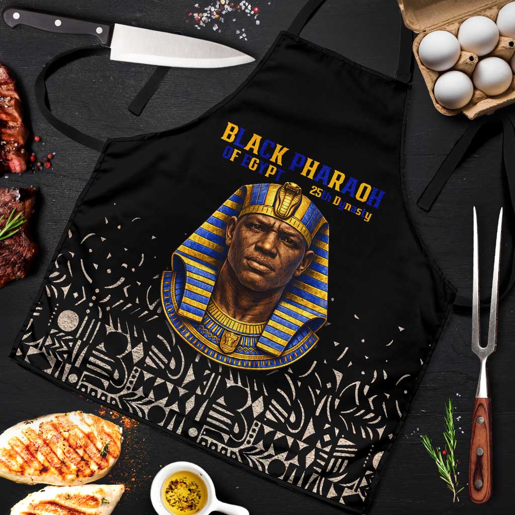 Taharqa Apron with Black Pharaoh Portrait, 25th Dynasty of Egypt Text and Nubian-Inspired - African Pride