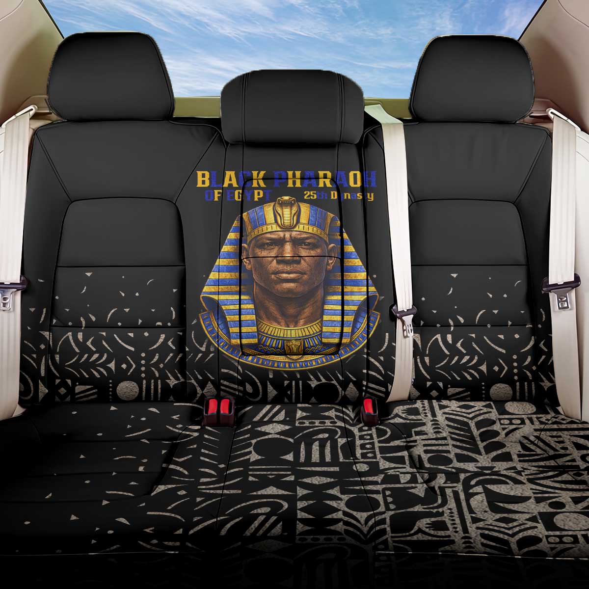 Taharqa Back Car Seat Cover with Black Pharaoh Portrait, 25th Dynasty of Egypt Text and Nubian-Inspired - African Pride