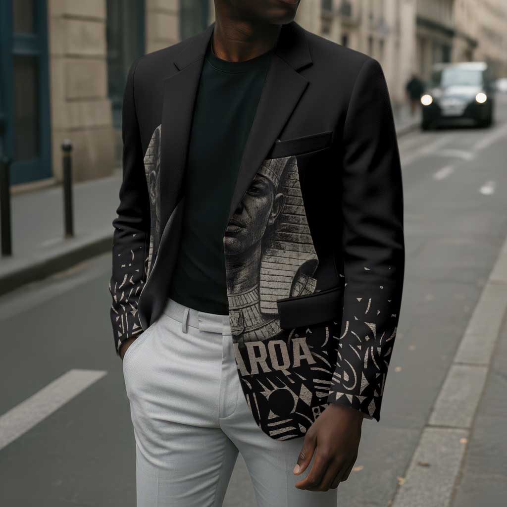 Taharqa Blazer with Black Pharaoh Portrait, 25th Dynasty of Egypt Text and Nubian-Inspired - African Pride