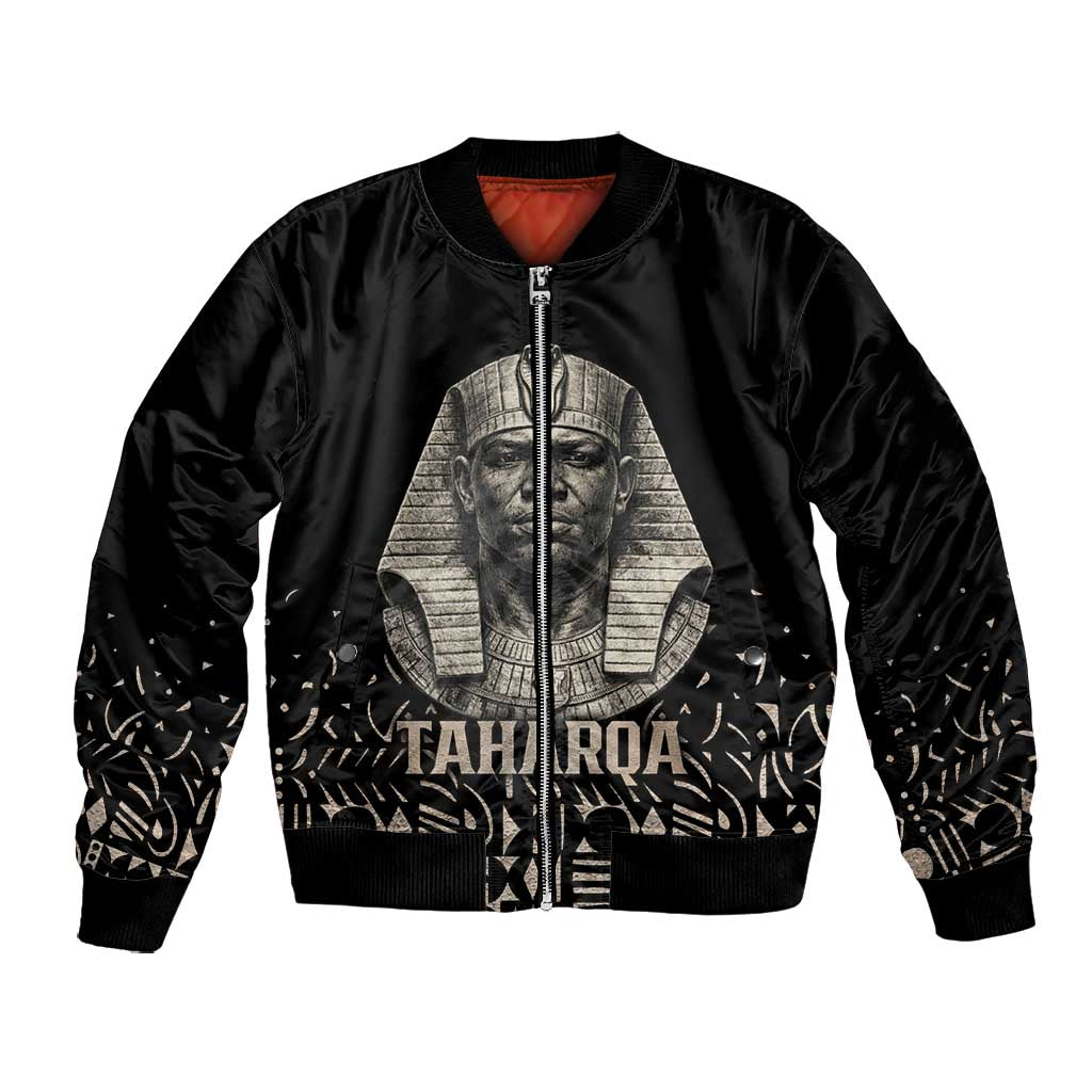 Taharqa Bomber Jacket with Black Pharaoh Portrait, 25th Dynasty of Egypt Text and Nubian-Inspired - African Pride