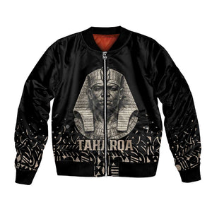 Taharqa Bomber Jacket with Black Pharaoh Portrait, 25th Dynasty of Egypt Text and Nubian-Inspired - African Pride