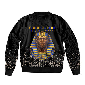 Taharqa Bomber Jacket with Black Pharaoh Portrait, 25th Dynasty of Egypt Text and Nubian-Inspired - African Pride