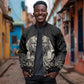 Taharqa Bomber Jacket with Black Pharaoh Portrait, 25th Dynasty of Egypt Text and Nubian-Inspired - African Pride