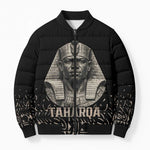 Taharqa Bomber Puffer Jacket with Black Pharaoh Portrait, 25th Dynasty of Egypt Text and Nubian-Inspired - African Pride