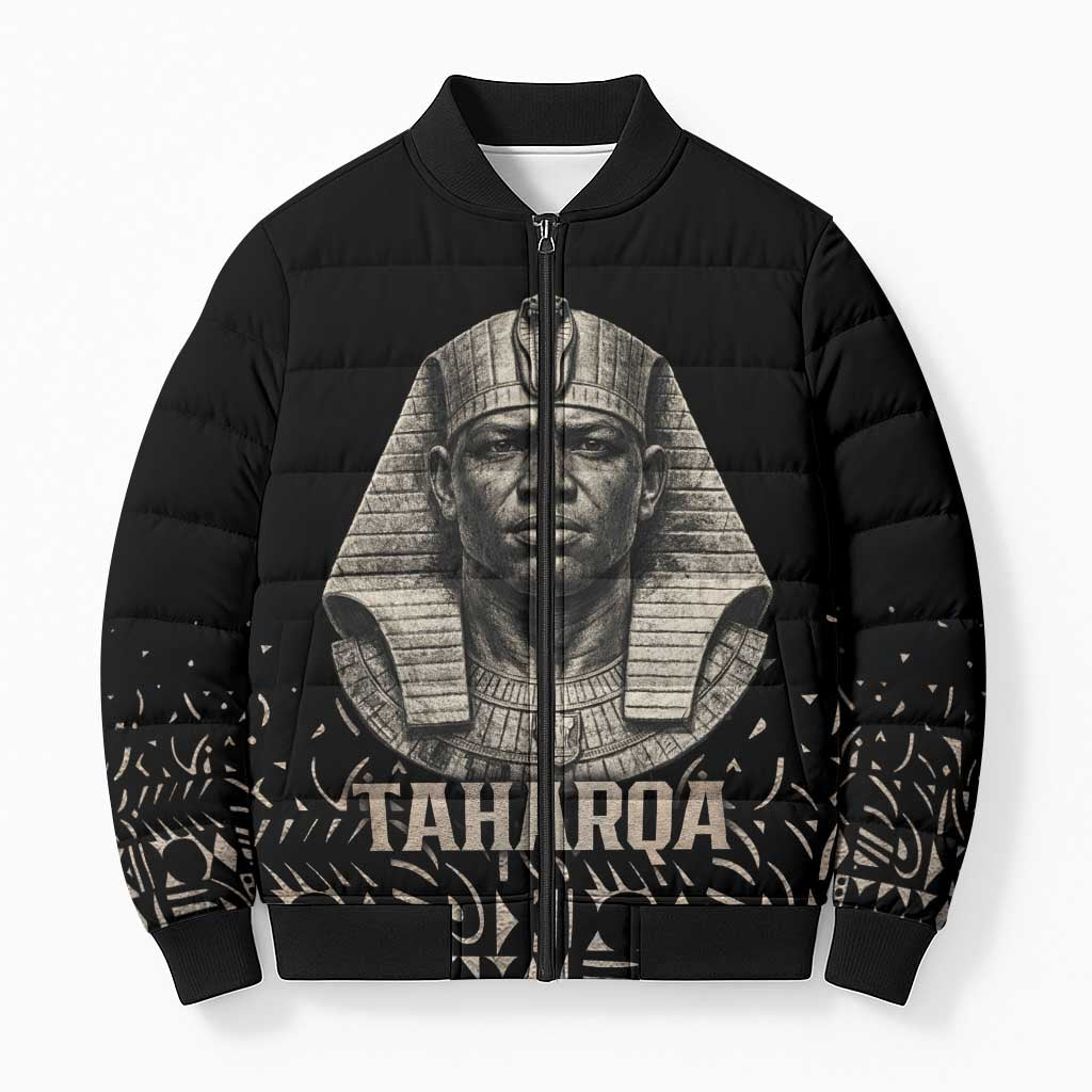 Taharqa Bomber Puffer Jacket with Black Pharaoh Portrait, 25th Dynasty of Egypt Text and Nubian-Inspired - African Pride