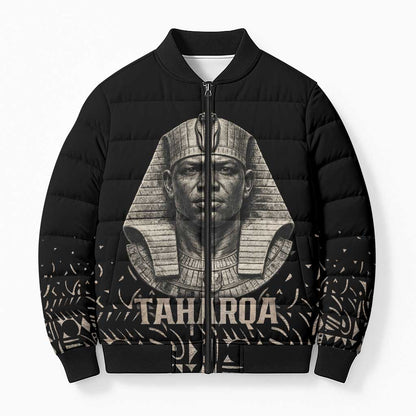 Taharqa Bomber Puffer Jacket with Black Pharaoh Portrait, 25th Dynasty of Egypt Text and Nubian-Inspired - African Pride