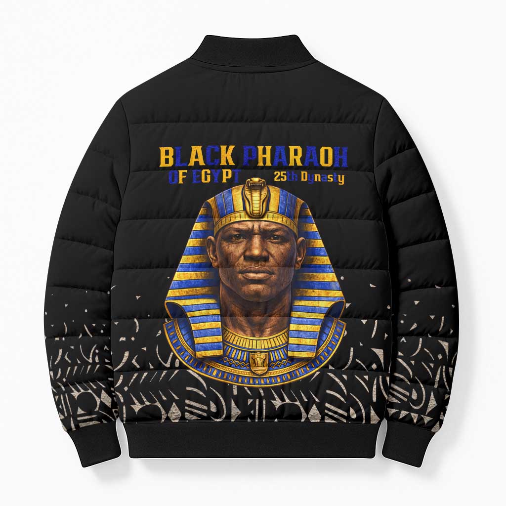 Taharqa Bomber Puffer Jacket with Black Pharaoh Portrait, 25th Dynasty of Egypt Text and Nubian-Inspired - African Pride