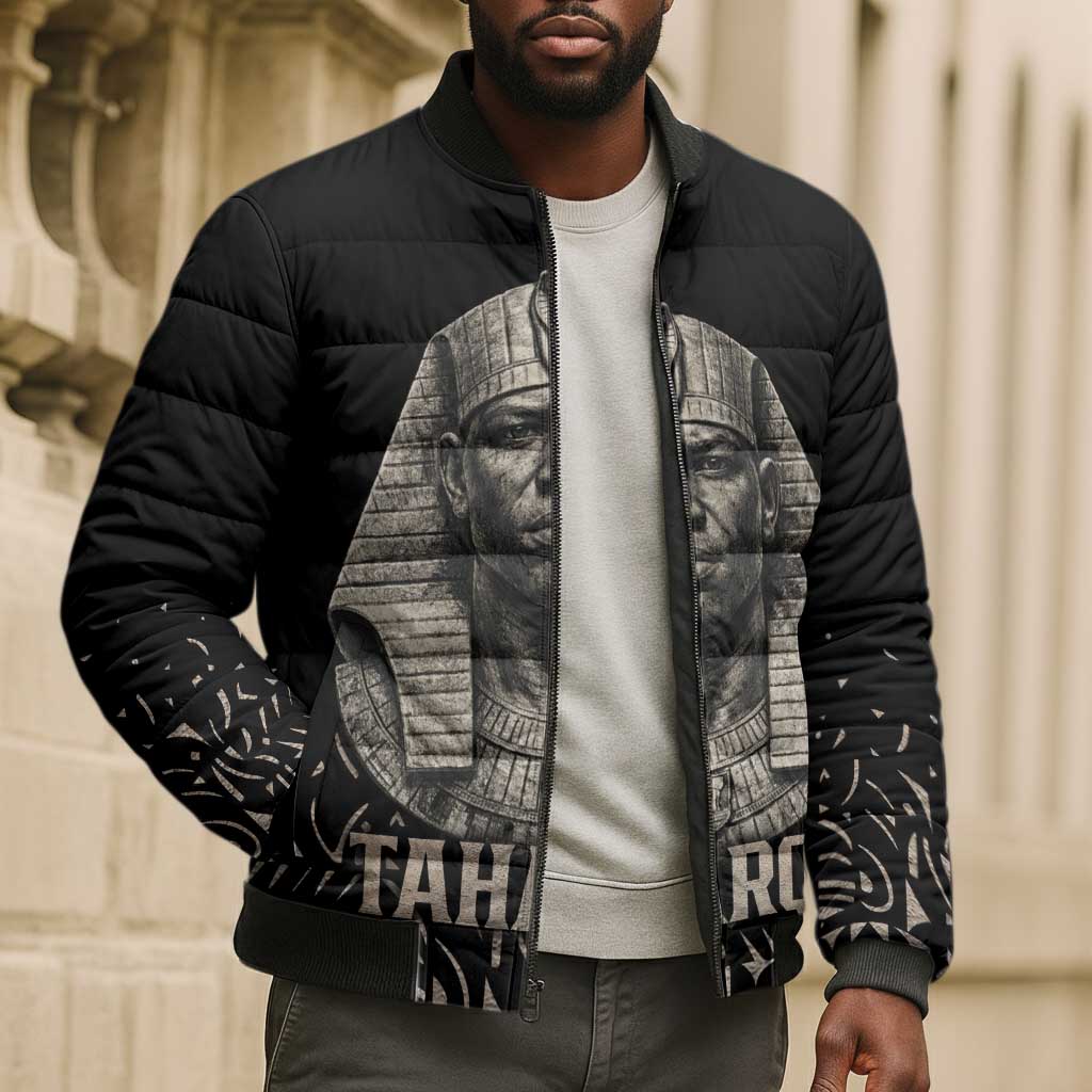 Taharqa Bomber Puffer Jacket with Black Pharaoh Portrait, 25th Dynasty of Egypt Text and Nubian-Inspired - African Pride