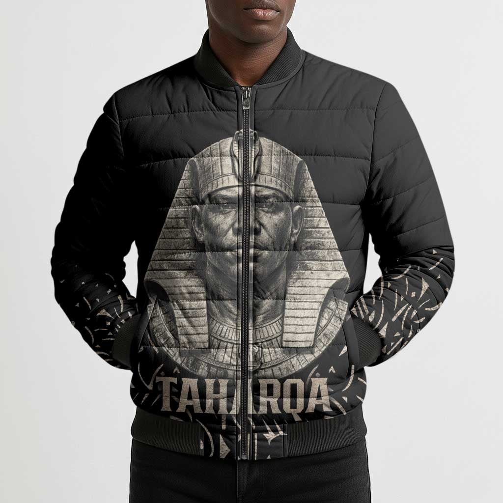 Taharqa Bomber Puffer Jacket with Black Pharaoh Portrait, 25th Dynasty of Egypt Text and Nubian-Inspired - African Pride