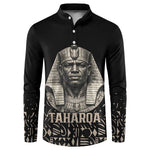Taharqa Button Sweatshirt with Black Pharaoh Portrait, 25th Dynasty of Egypt Text and Nubian-Inspired