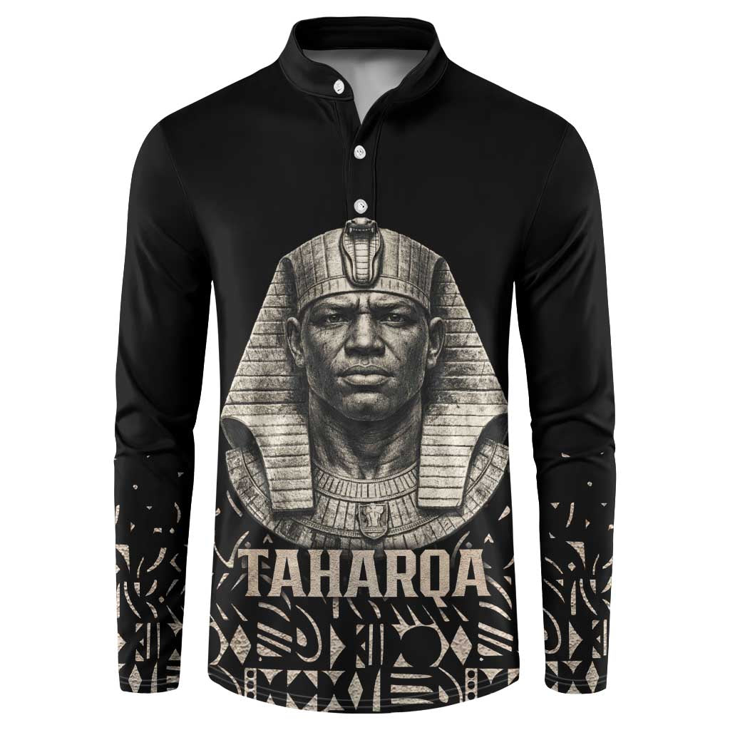 Taharqa Button Sweatshirt with Black Pharaoh Portrait, 25th Dynasty of Egypt Text and Nubian-Inspired
