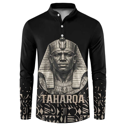 Taharqa Button Sweatshirt with Black Pharaoh Portrait, 25th Dynasty of Egypt Text and Nubian-Inspired