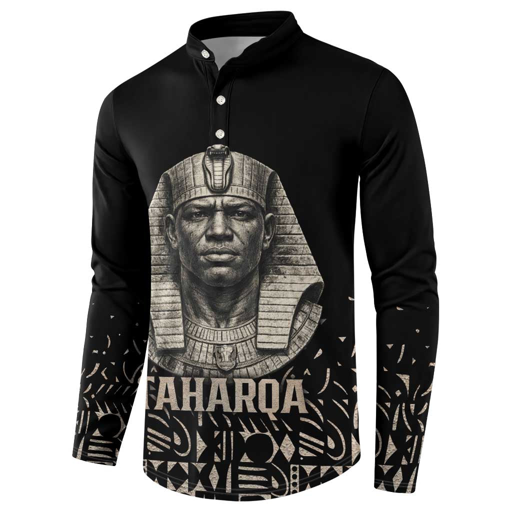Taharqa Button Sweatshirt with Black Pharaoh Portrait, 25th Dynasty of Egypt Text and Nubian-Inspired