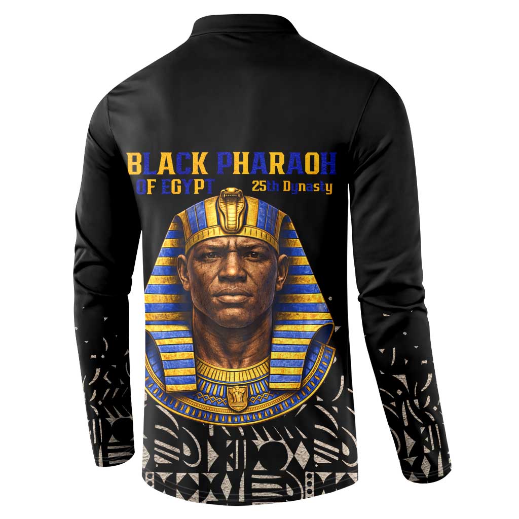 Taharqa Button Sweatshirt with Black Pharaoh Portrait, 25th Dynasty of Egypt Text and Nubian-Inspired