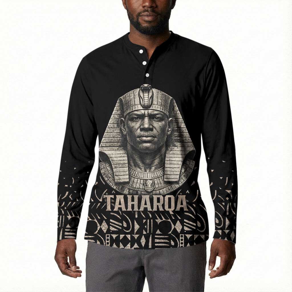 Taharqa Button Sweatshirt with Black Pharaoh Portrait, 25th Dynasty of Egypt Text and Nubian-Inspired