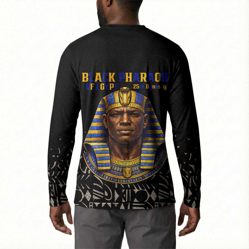 Taharqa Button Sweatshirt with Black Pharaoh Portrait, 25th Dynasty of Egypt Text and Nubian-Inspired