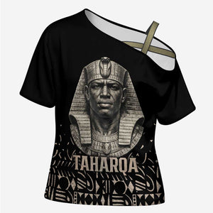 Taharqa Cross Shoulder Shirt with Black Pharaoh Portrait, 25th Dynasty of Egypt Text and Nubian-Inspired - African Pride