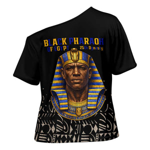 Taharqa Cross Shoulder Shirt with Black Pharaoh Portrait, 25th Dynasty of Egypt Text and Nubian-Inspired - African Pride