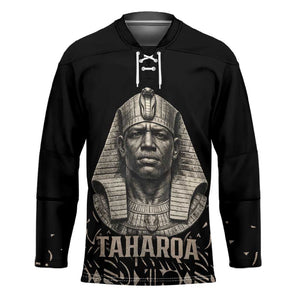 Taharqa Hockey Jersey with Black Pharaoh Portrait, 25th Dynasty of Egypt Text and Nubian-Inspired - African Pride