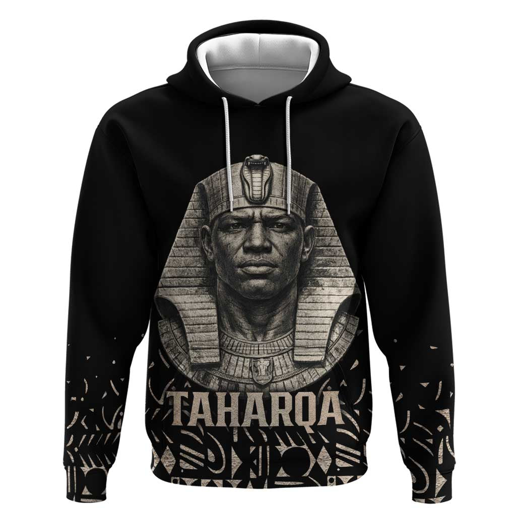 Taharqa Hoodie with Black Pharaoh Portrait, 25th Dynasty of Egypt Text and Nubian-Inspired - African Pride
