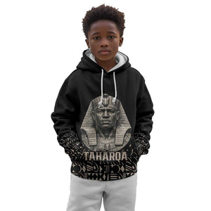 Taharqa Kid Hoodie with Black Pharaoh Portrait, 25th Dynasty of Egypt Text and Nubian-Inspired - African Pride