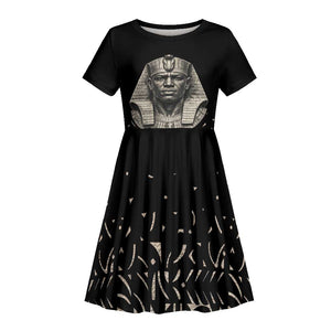 Taharqa Kid Short Sleeve Dress with Black Pharaoh Portrait, 25th Dynasty of Egypt Text and Nubian-Inspired - African Pride