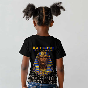 Taharqa Kid T shirt with Black Pharaoh Portrait, 25th Dynasty of Egypt Text and Nubian-Inspired - African Pride