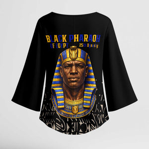 Taharqa Kimono Sleeve Blouse with Black Pharaoh Portrait, 25th Dynasty of Egypt Text and Nubian-Inspired - African Pride