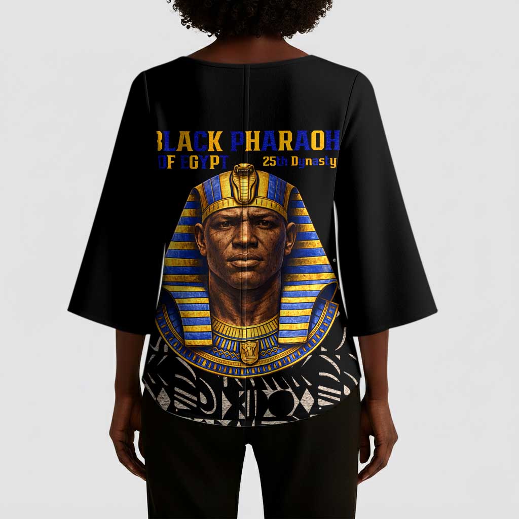 Taharqa Kimono Sleeve Blouse with Black Pharaoh Portrait, 25th Dynasty of Egypt Text and Nubian-Inspired - African Pride