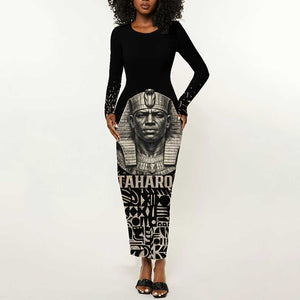 Taharqa Long Sleeve Bodycon Dress with Black Pharaoh Portrait, 25th Dynasty of Egypt Text and Nubian-Inspired - African Pride