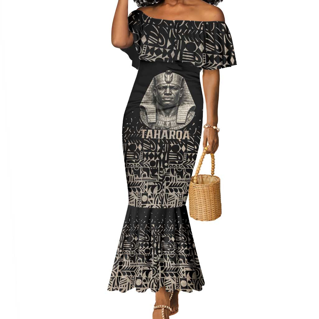 Taharqa Mermaid Dress with Black Pharaoh Portrait, 25th Dynasty of Egypt Text and Nubian-Inspired - African Pride