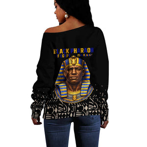 Taharqa Off Shoulder Sweater with Black Pharaoh Portrait, 25th Dynasty of Egypt Text and Nubian-Inspired - African Pride