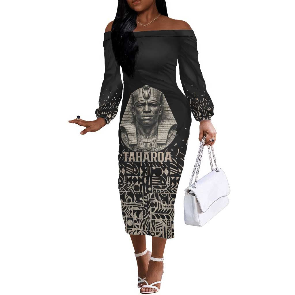 Taharqa Off The Shoulder Long Sleeve Dress with Black Pharaoh Portrait, 25th Dynasty of Egypt Text and Nubian-Inspired - African Pride