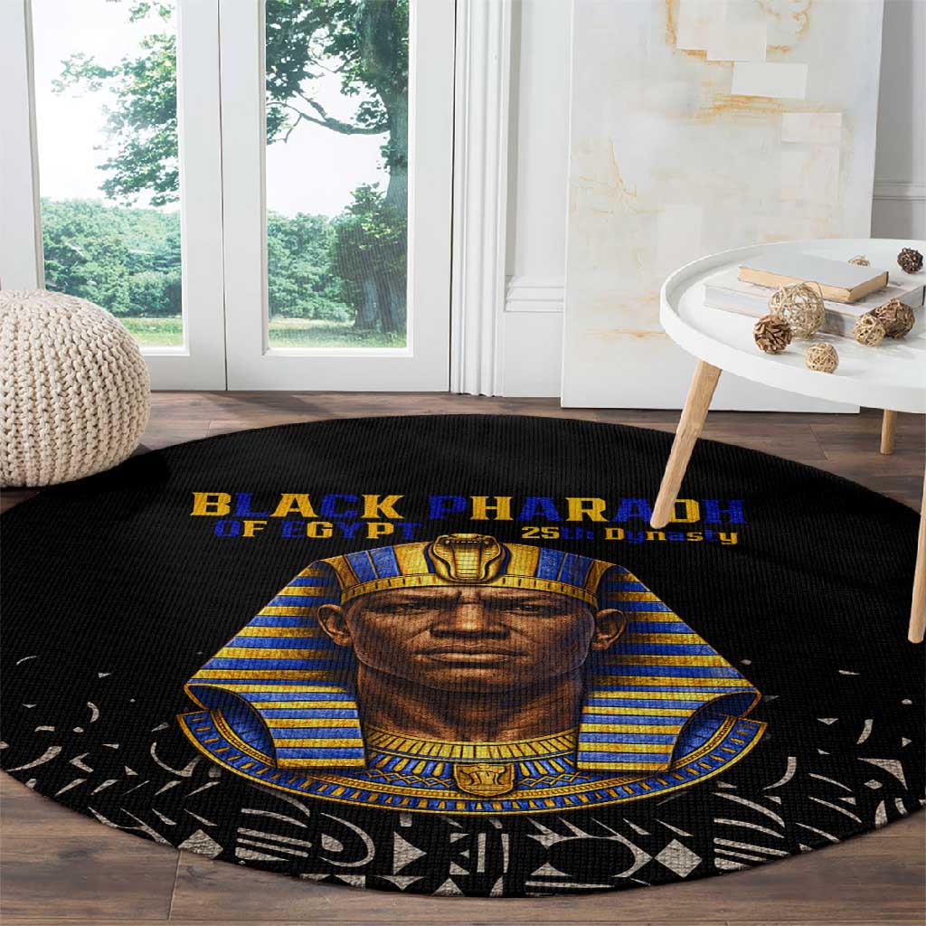 Taharqa Round Carpet with Black Pharaoh Portrait, 25th Dynasty of Egypt Text and Nubian-Inspired - African Pride