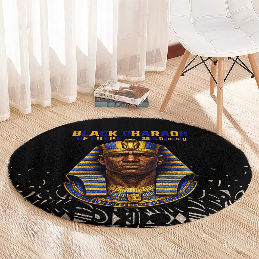 Taharqa Round Carpet with Black Pharaoh Portrait, 25th Dynasty of Egypt Text and Nubian-Inspired - African Pride