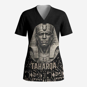 Taharqa Scrub Top with Black Pharaoh Portrait, 25th Dynasty of Egypt Text and Nubian-Inspired - African Pride