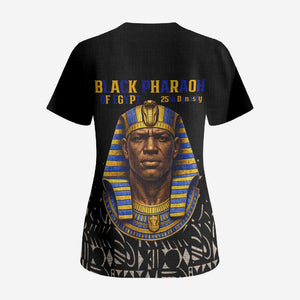 Taharqa Scrub Top with Black Pharaoh Portrait, 25th Dynasty of Egypt Text and Nubian-Inspired - African Pride