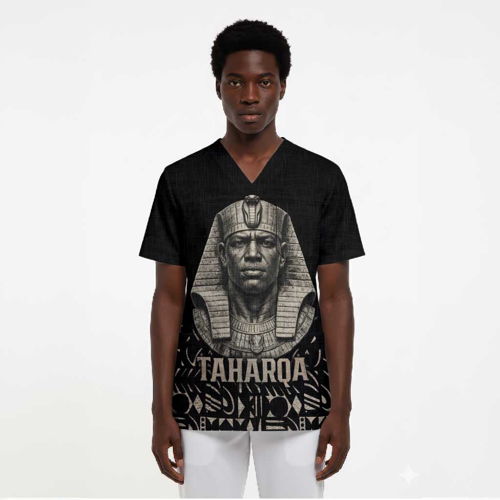 Taharqa Scrub Top with Black Pharaoh Portrait, 25th Dynasty of Egypt Text and Nubian-Inspired - African Pride