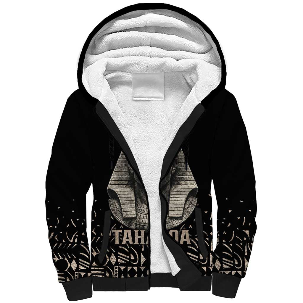 Taharqa Sherpa Hoodie with Black Pharaoh Portrait, 25th Dynasty of Egypt Text and Nubian-Inspired - African Pride