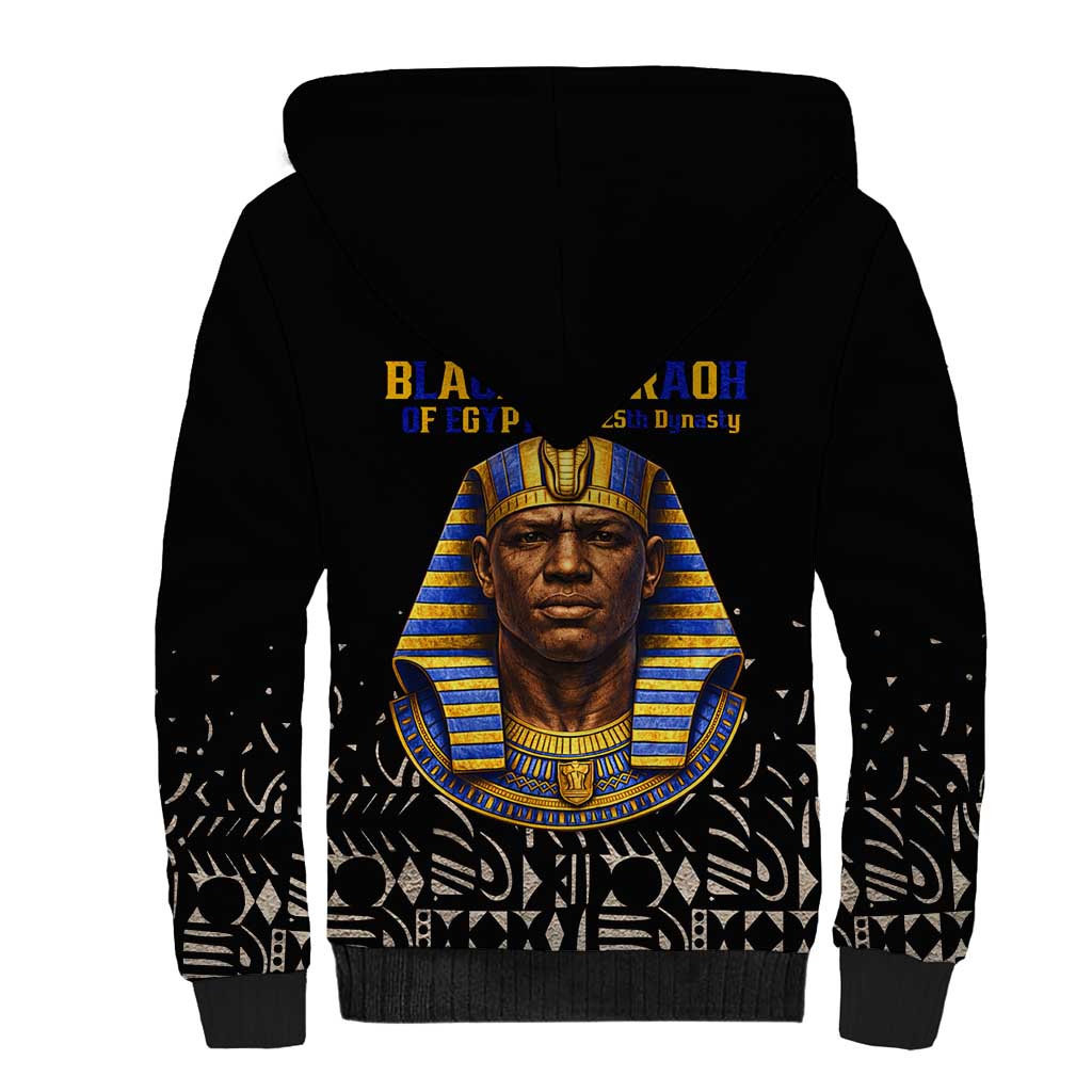 Taharqa Sherpa Hoodie with Black Pharaoh Portrait, 25th Dynasty of Egypt Text and Nubian-Inspired - African Pride
