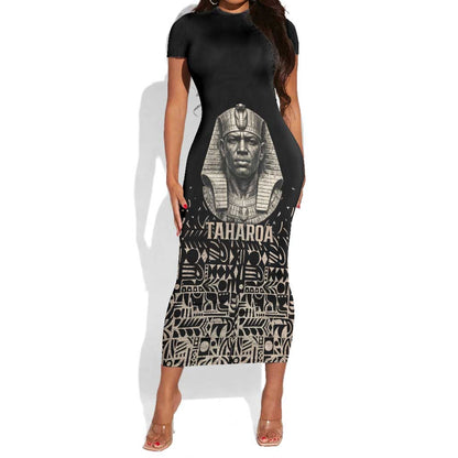 Taharqa Short Sleeve Bodycon Dress with Black Pharaoh Portrait, 25th Dynasty of Egypt Text and Nubian-Inspired - African Pride