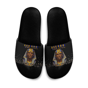 Taharqa Slide Sandals with Black Pharaoh Portrait, 25th Dynasty of Egypt Text and Nubian-Inspired - African Pride