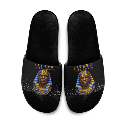 Taharqa Slide Sandals with Black Pharaoh Portrait, 25th Dynasty of Egypt Text and Nubian-Inspired - African Pride