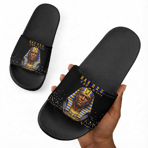 Taharqa Slide Sandals with Black Pharaoh Portrait, 25th Dynasty of Egypt Text and Nubian-Inspired - African Pride