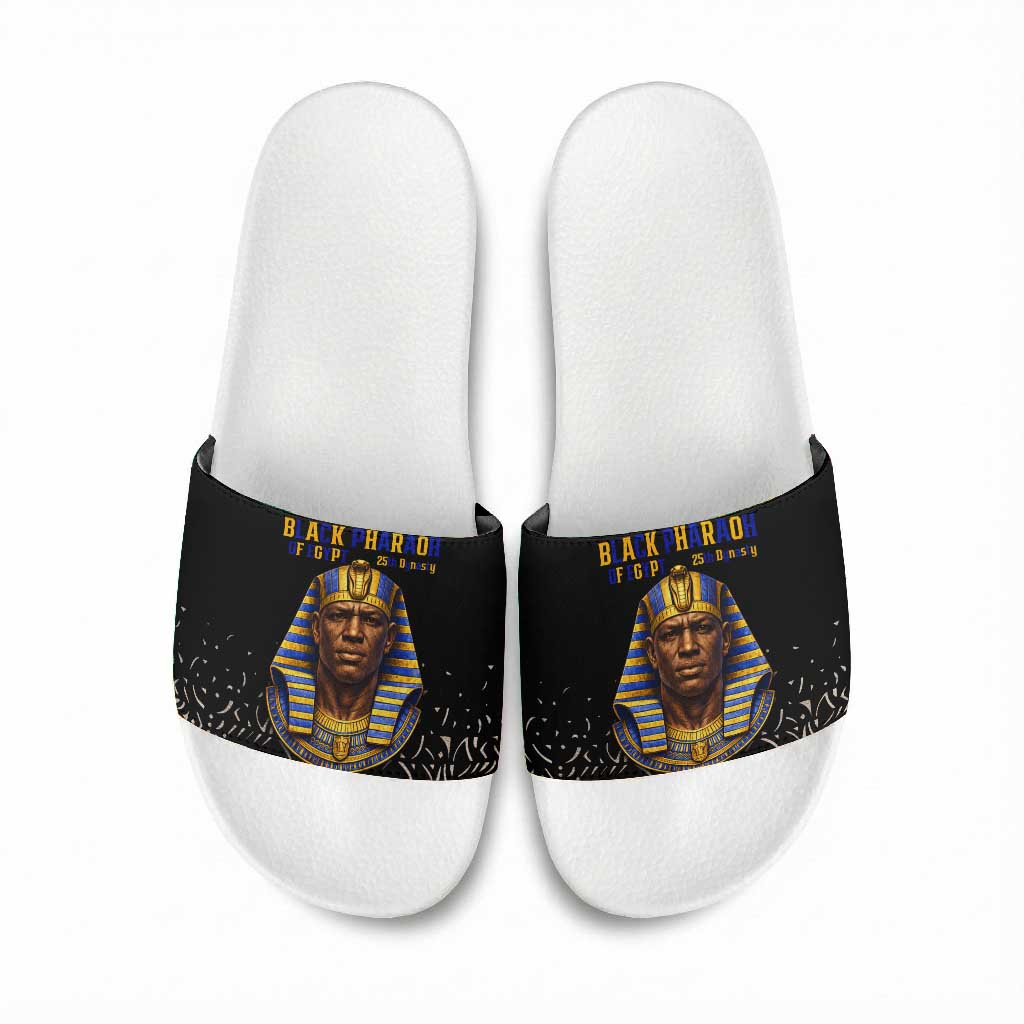 Taharqa Slide Sandals with Black Pharaoh Portrait, 25th Dynasty of Egypt Text and Nubian-Inspired - African Pride
