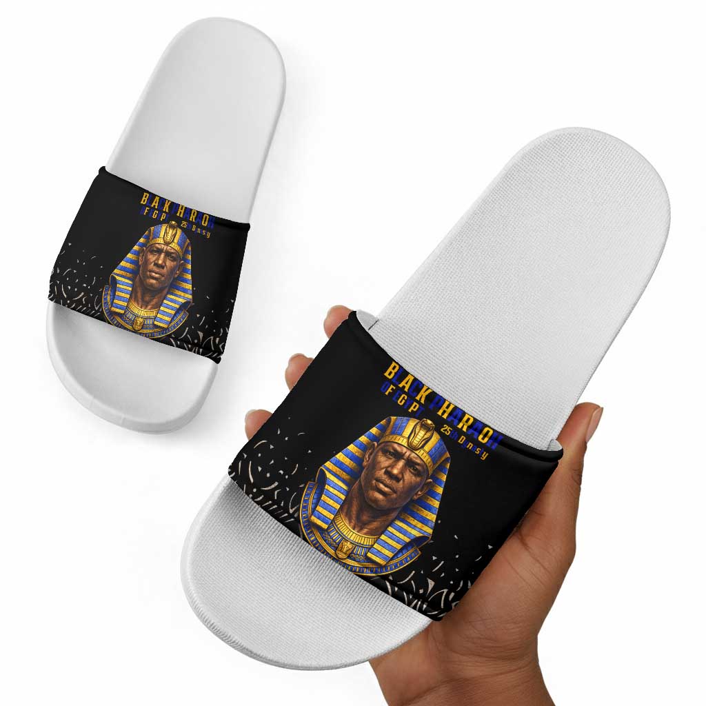 Taharqa Slide Sandals with Black Pharaoh Portrait, 25th Dynasty of Egypt Text and Nubian-Inspired - African Pride