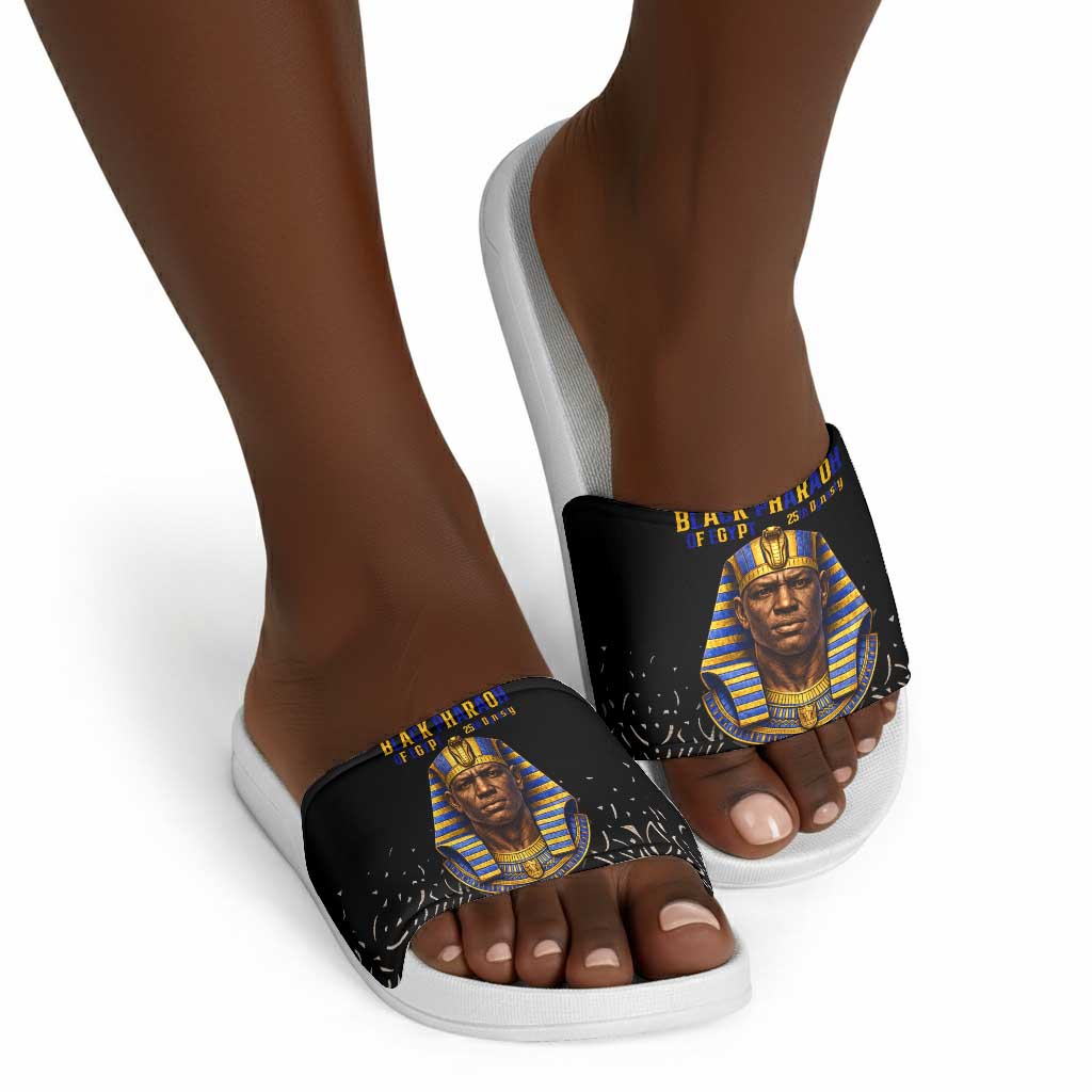 Taharqa Slide Sandals with Black Pharaoh Portrait, 25th Dynasty of Egypt Text and Nubian-Inspired - African Pride