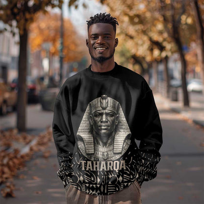 Taharqa Sweatshirt with Black Pharaoh Portrait, 25th Dynasty of Egypt Text and Nubian-Inspired - African Pride