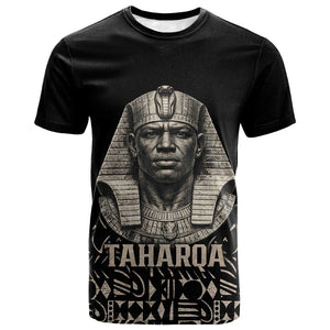 Taharqa T shirt with Black Pharaoh Portrait, 25th Dynasty of Egypt Text and Nubian-Inspired - African Pride